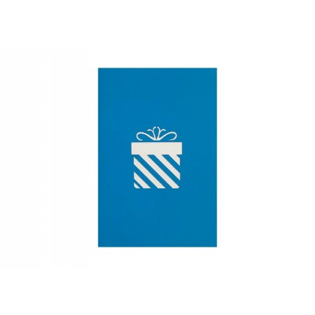 Copertina biglietto blu con disegno bianco di pacco regalo