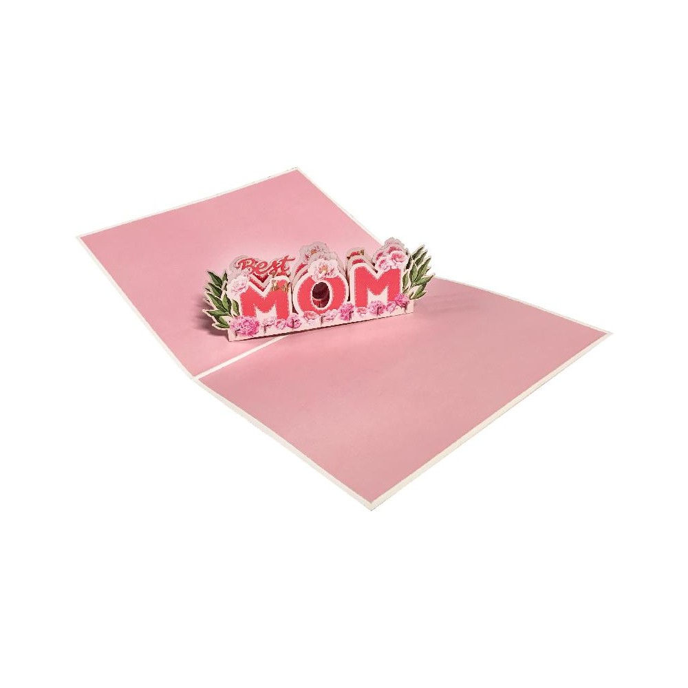 Biglietto pop-up per la mamma con scritta “Best MOM” e fiori rosa