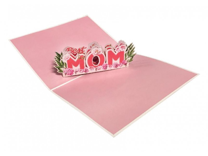 Biglietto pop-up per la mamma con scritta “Best MOM” e fiori rosa