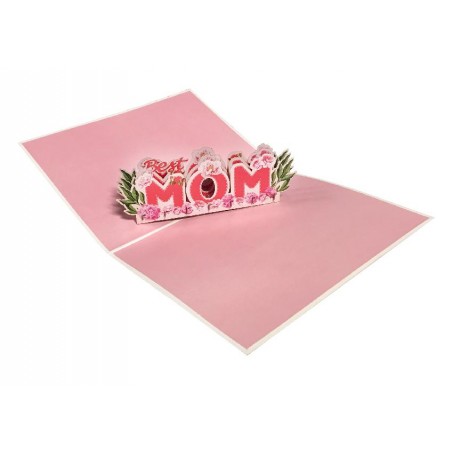 Biglietto pop-up per la mamma con scritta “Best MOM” e fiori rosa