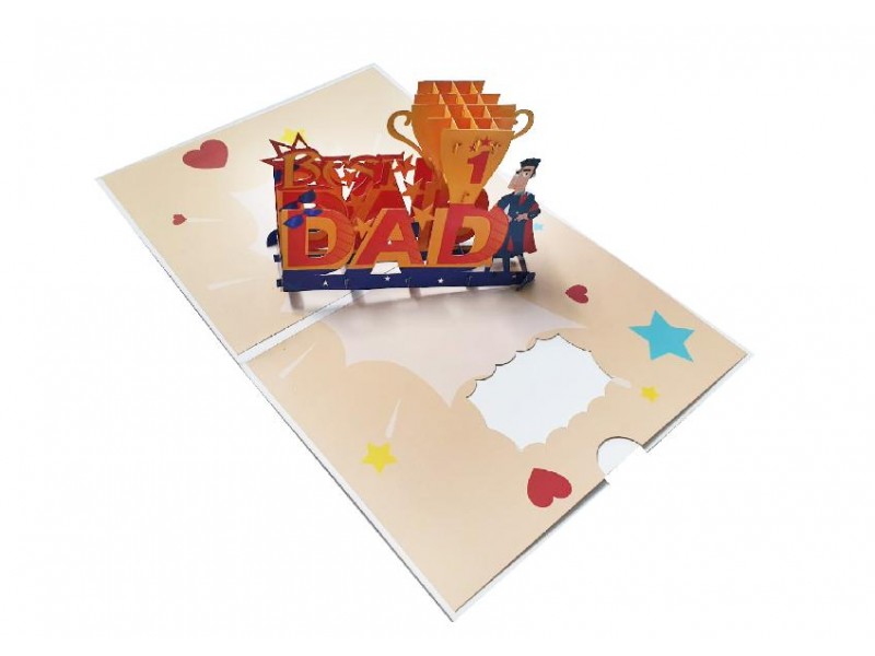 Biglietto pop-up per papà con trofeo “Best DAD” e personaggio