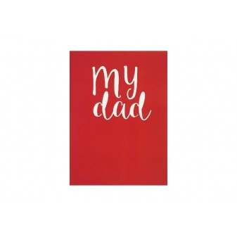 Copertina biglietto rossa con scritta “my dad” bianca in corsivo