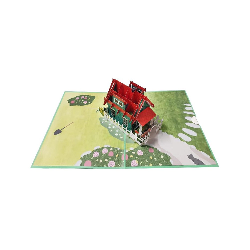 Biglietto pop-up casa tridimensionale con giardino e vialetto