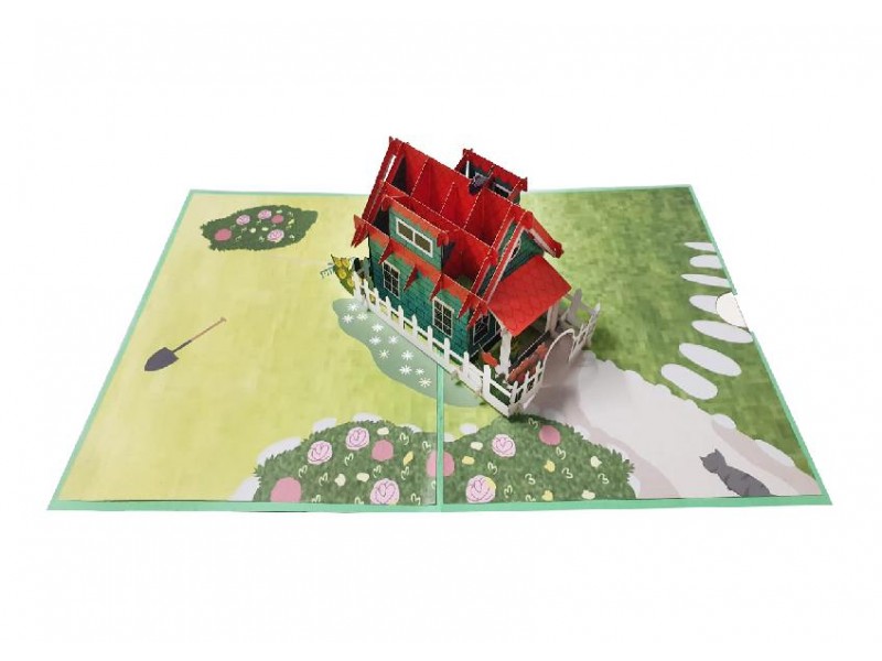 Biglietto pop-up casa tridimensionale con giardino e vialetto