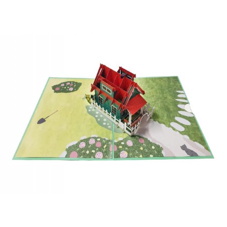 Biglietto pop-up casa tridimensionale con giardino e vialetto