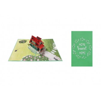 Interno biglietto con casa 3D, fiori, vialetto e gatto