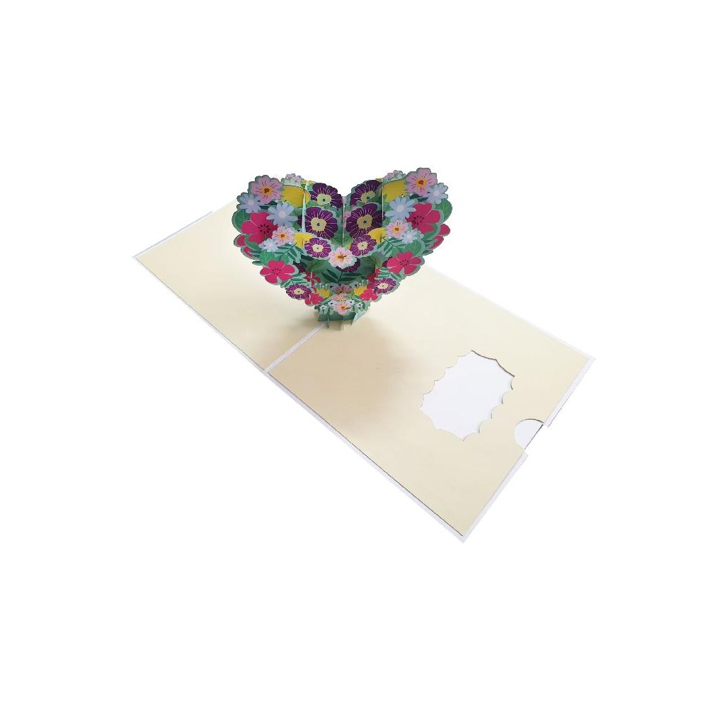Biglietto di auguri cuore di fiori pop-up 3D aperto con struttura colorata