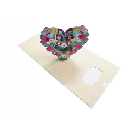 Biglietto di auguri cuore di fiori pop-up 3D aperto con struttura colorata