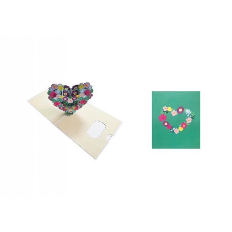 Vista d’insieme del biglietto pop-up 3D “Cuore di Fiori” con copertina verde
