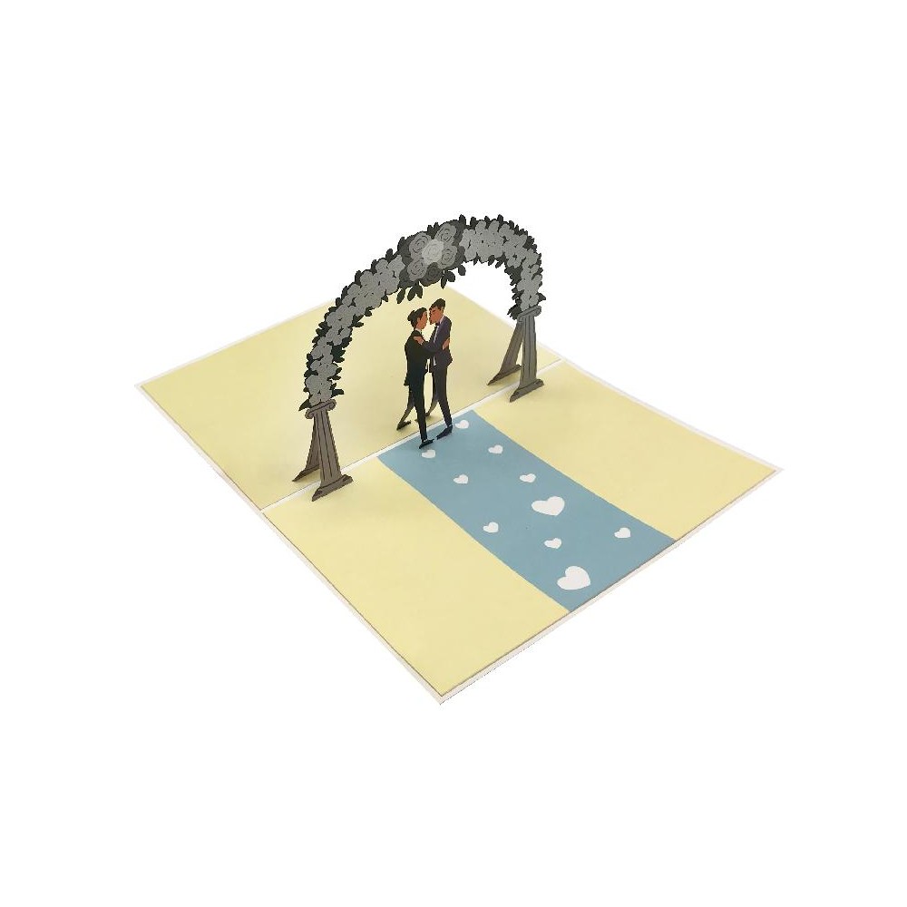 Biglietto di matrimonio pop-up 3D con due sposi sotto arco floreale