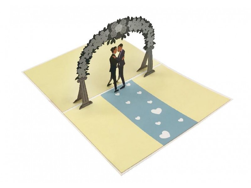 Biglietto di matrimonio pop-up 3D con due sposi sotto arco floreale
