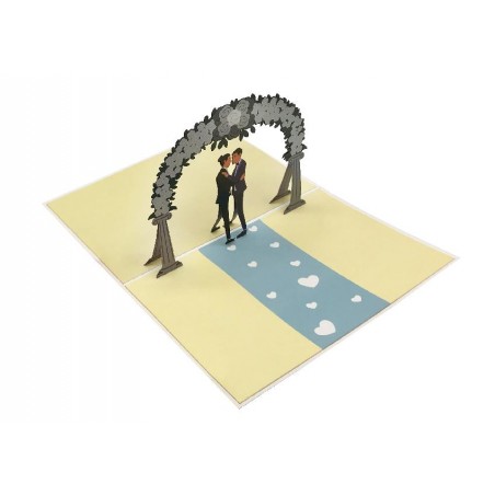 Biglietto di matrimonio pop-up 3D con due sposi sotto arco floreale