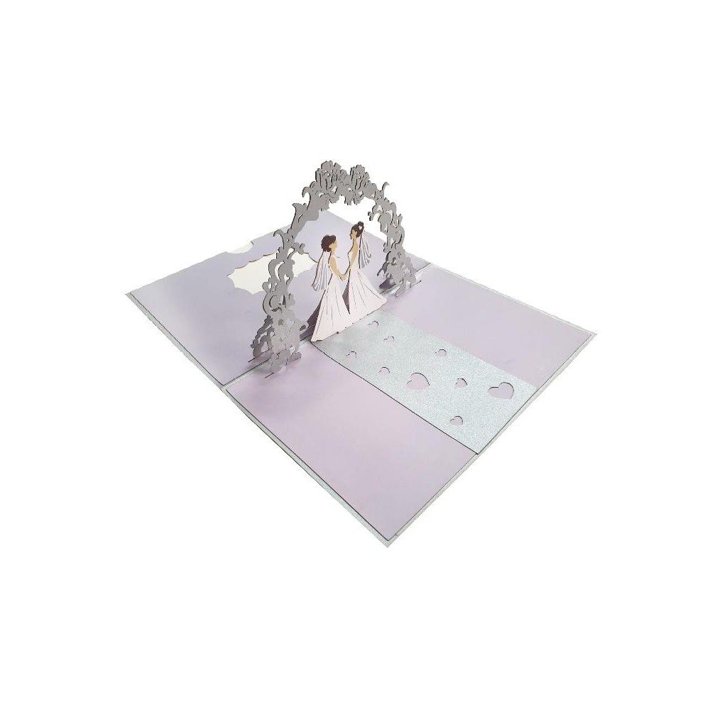 Biglietto Pop-up Matrimonio con due spose sotto arco floreale