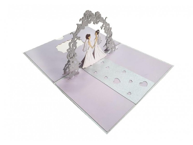 Biglietto Pop-up Matrimonio con due spose sotto arco floreale