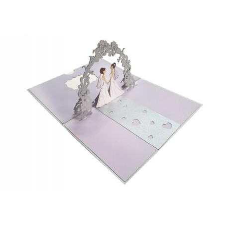 Biglietto Pop-up Matrimonio con due spose sotto arco floreale