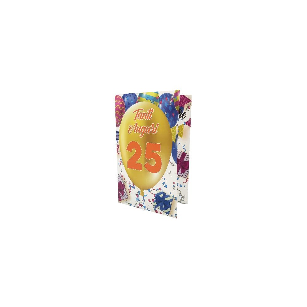 biglietto esplosivo 25 anni con palloncino dorato e regali colorati – copertina