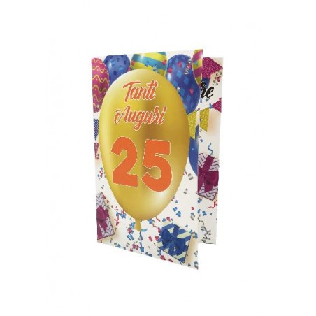 biglietto esplosivo 25 anni con palloncino dorato e regali colorati – copertina