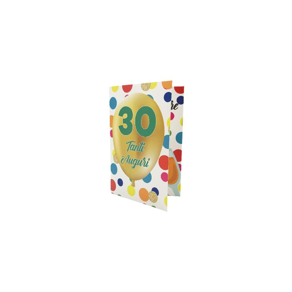 biglietto auguri esplosivo 30 anni con palloncino dorato e pois colorati