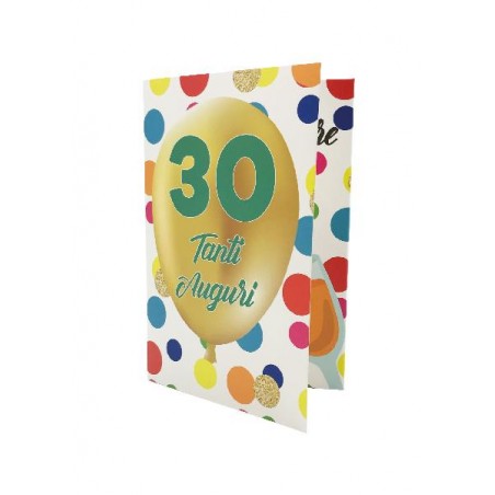 biglietto auguri esplosivo 30 anni con palloncino dorato e pois colorati