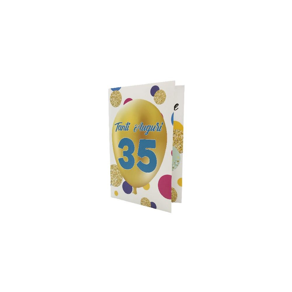 Biglietto Esplosivo 35 Anni con palloncino dorato e pois colorati