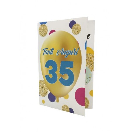 Biglietto Esplosivo 35 Anni con palloncino dorato e pois colorati