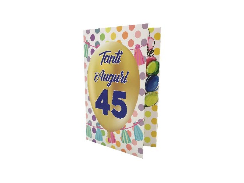 Biglietto Esplosivo 45 Anni con palloncino dorato e decorazioni festose