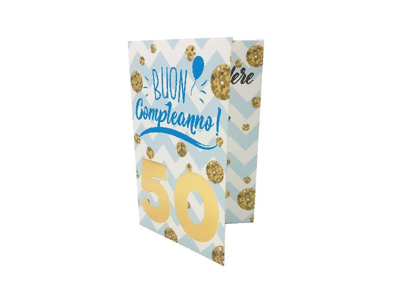 Esterno biglietto esplosivo 50 anni per lui con palloncino dorato