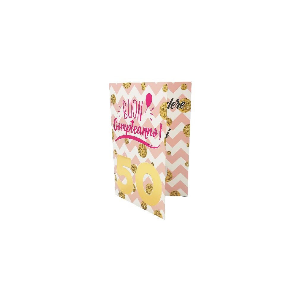 Copertina biglietto esplosivo 50 anni per lei con palloncino dorato e sfondo rosa a zig-zag
