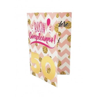 Copertina biglietto esplosivo 50 anni per lei con palloncino dorato e sfondo rosa a zig-zag