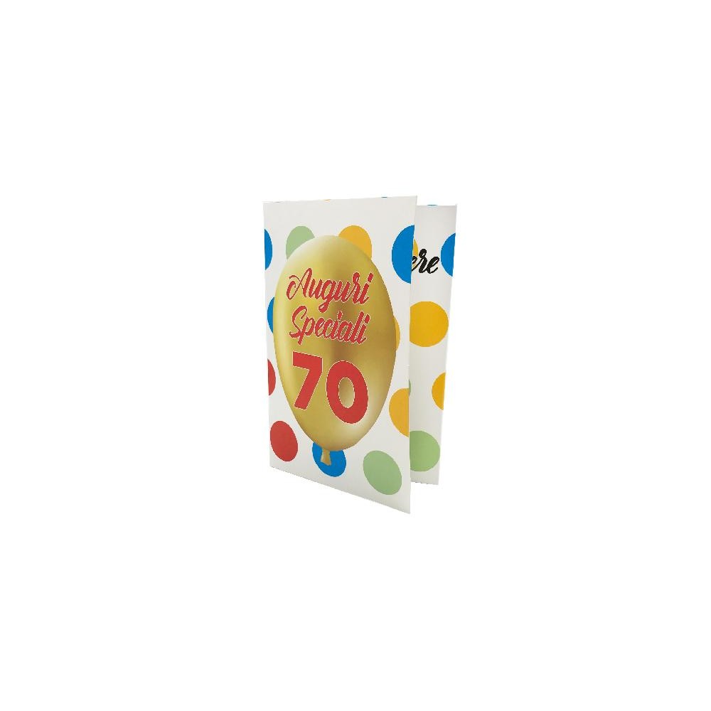 Biglietto esplosivo 70 anni con palloncino oro e scritta Auguri Speciali