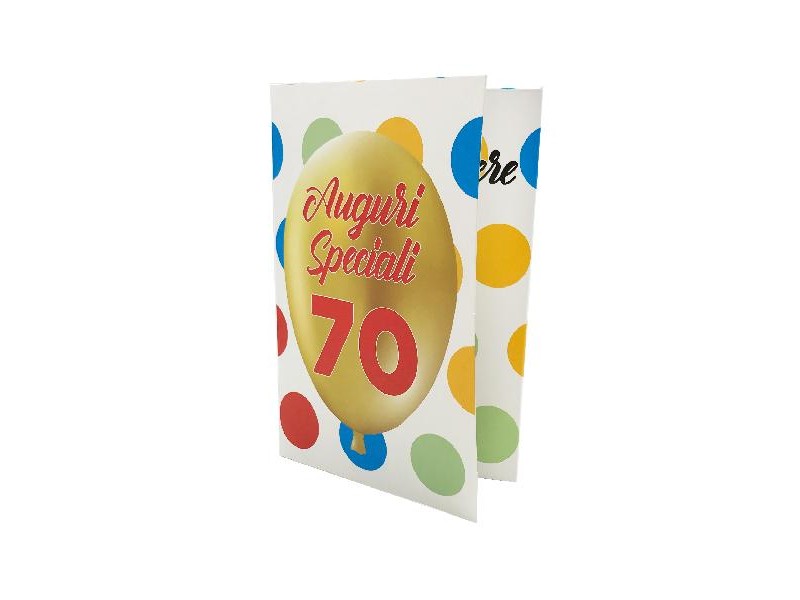 Biglietto esplosivo 70 anni con palloncino oro e scritta Auguri Speciali