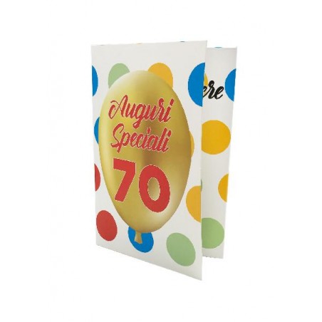 Biglietto esplosivo 70 anni con palloncino oro e scritta Auguri Speciali