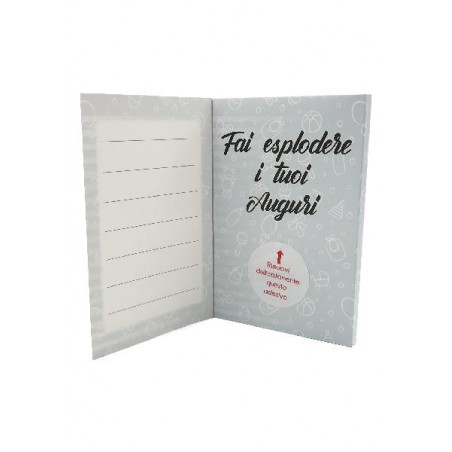 interno biglietto esplosivo bimbo con messaggio "Fai esplodere i tuoi auguri"