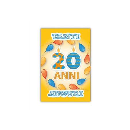 Copertina biglietto 3D “20 Anni” con sfondo giallo e scritta Tanti Auguri