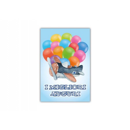 Copertina biglietto “I Migliori Auguri” con aeroplano e sfondo azzurro