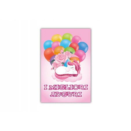 Copertina biglietto “I Migliori Auguri” con unicorno su sfondo rosa