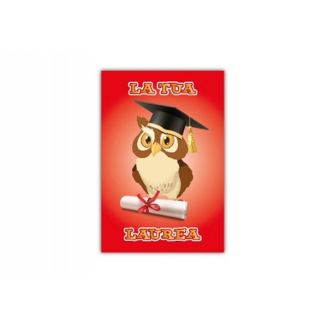 Copertina biglietto laurea con gufo, cappello accademico e pergamena