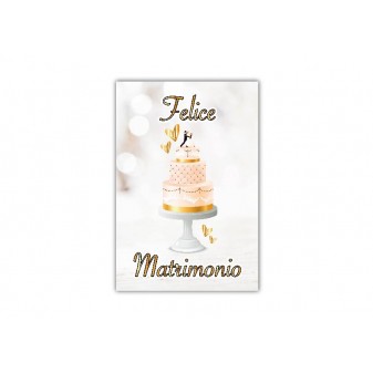 Biglietto interno “Felice Matrimonio” con torta rosa e cuori dorati, stile elegante