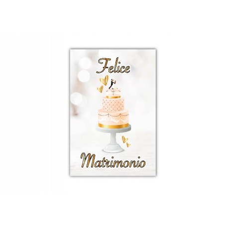 Biglietto interno “Felice Matrimonio” con torta rosa e cuori dorati, stile elegante