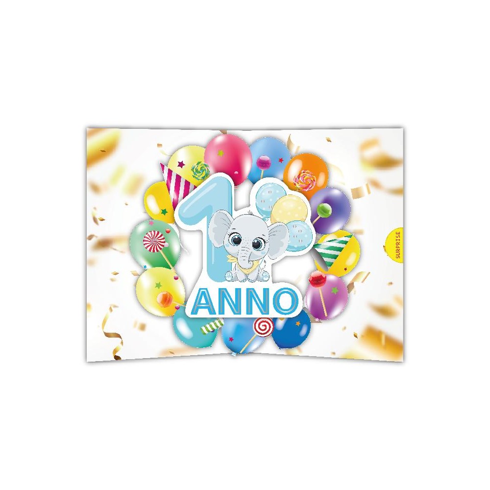 Biglietto 1 anno bambino con elefantino e numero azzurro tra palloncini