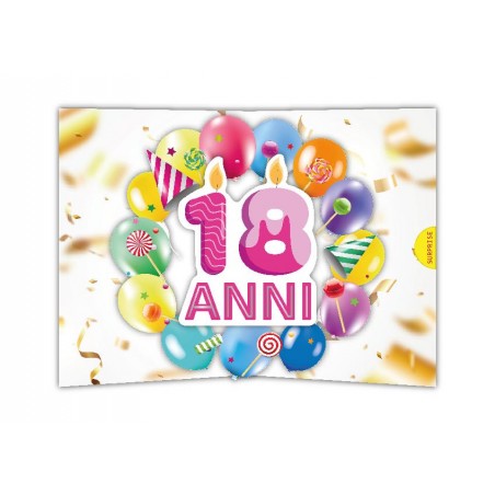 Biglietto pop-up 18 anni per lei con palloncini colorati e candeline rosa