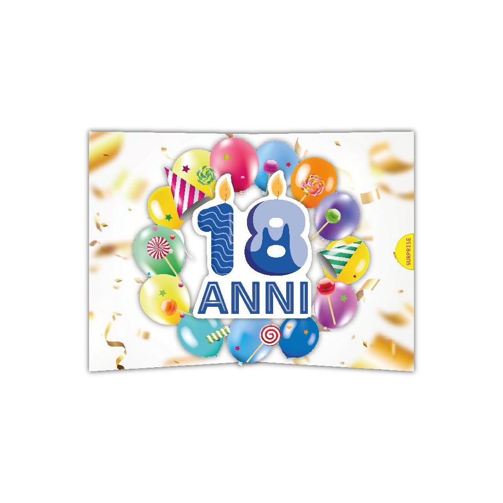 Biglietto 18 anni pop-up con numero 18 e candeline