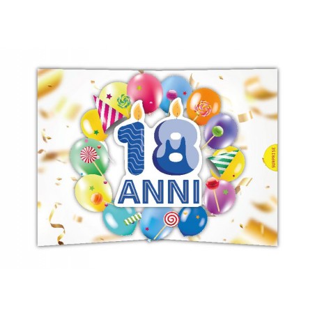 Biglietto 18 anni pop-up con numero 18 e candeline