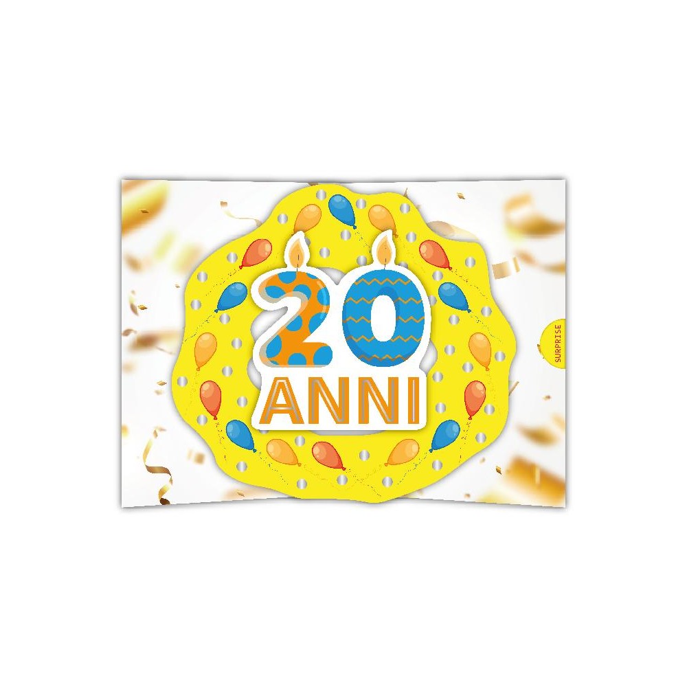 Biglietto 20 anni pop-up con candeline e palloncini colorati