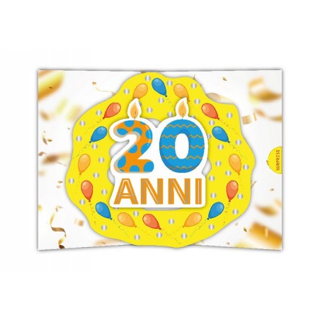 Biglietto 20 anni pop-up con candeline e palloncini colorati