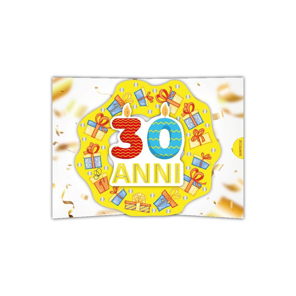 Biglietto 30 anni pop-up con candeline e pacchetti regalo colorati