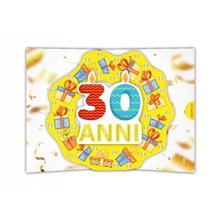 Biglietto 30 anni pop-up con candeline e pacchetti regalo colorati