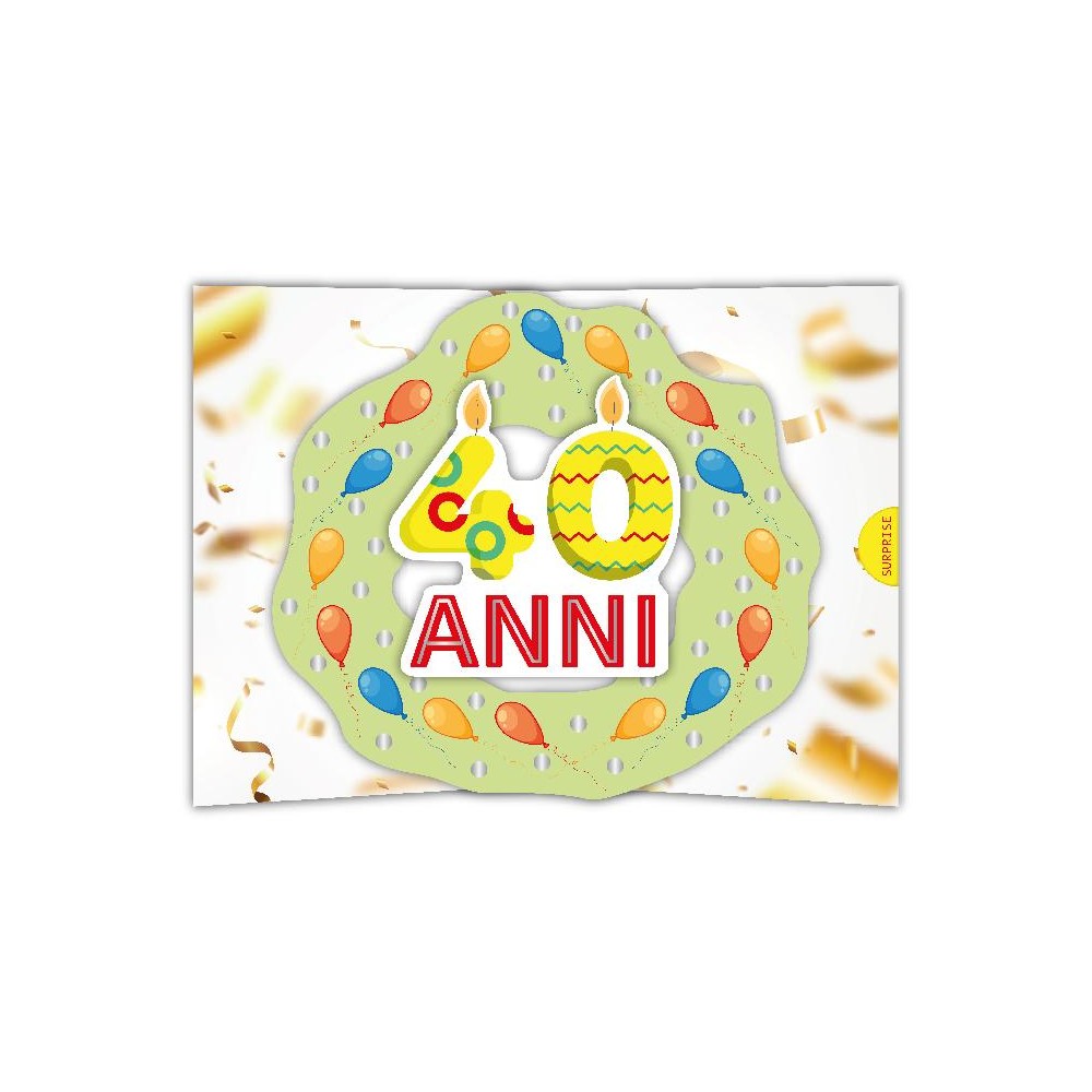 Biglietto 40 anni pop-up con candeline e palloncini colorati