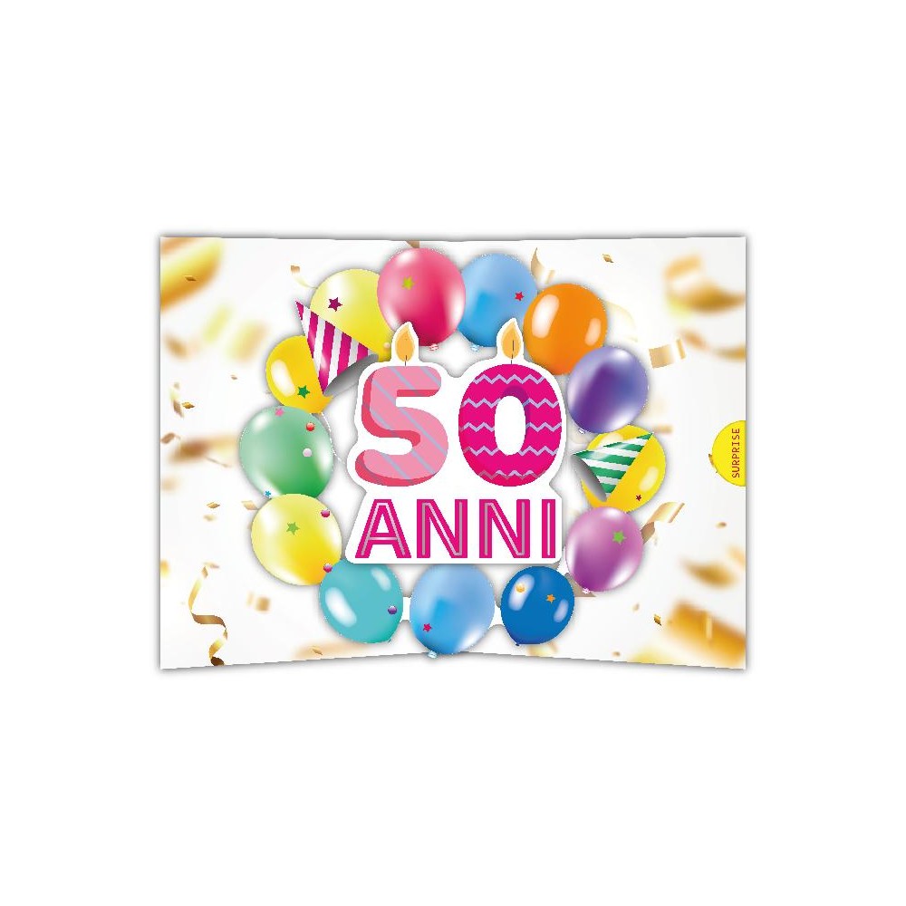 Biglietto 50 anni pop-up per donna con numero rosa e palloncini pastello