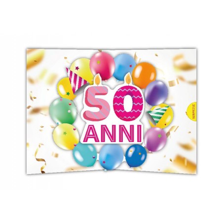 Biglietto 50 anni pop-up per donna con numero rosa e palloncini pastello